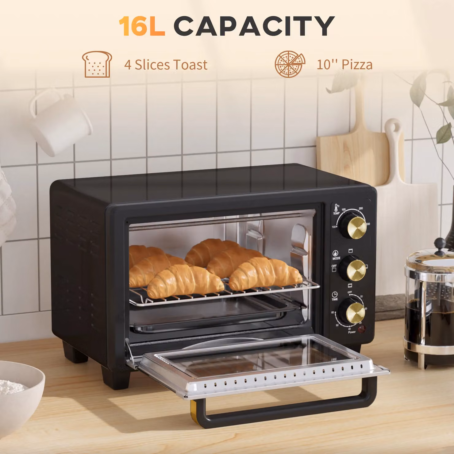 HOMCOM 16L Mini Countertop Oven with Adjustable Timer and 1400W Power in Black – 3