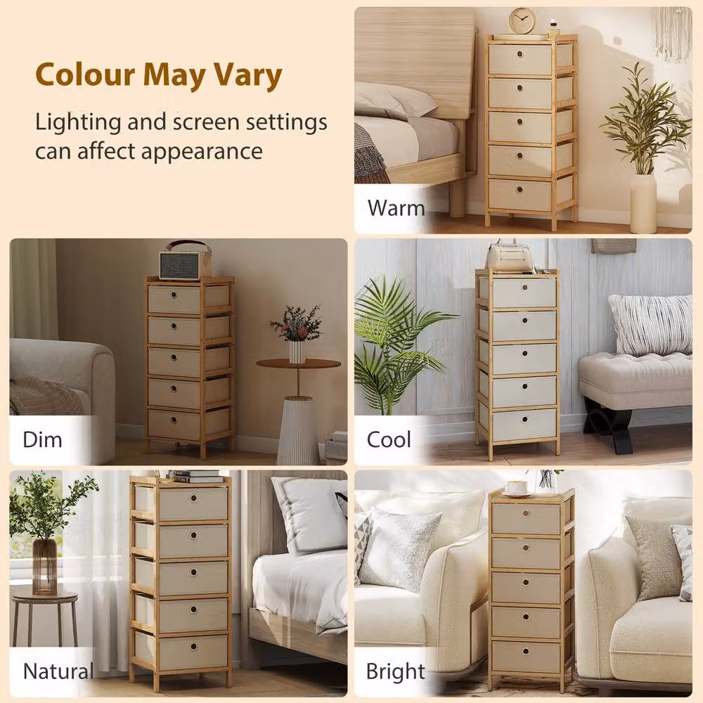 STILVORA 5 Drawer Chest of Drawers with Bamboo Frame in Beige – 6