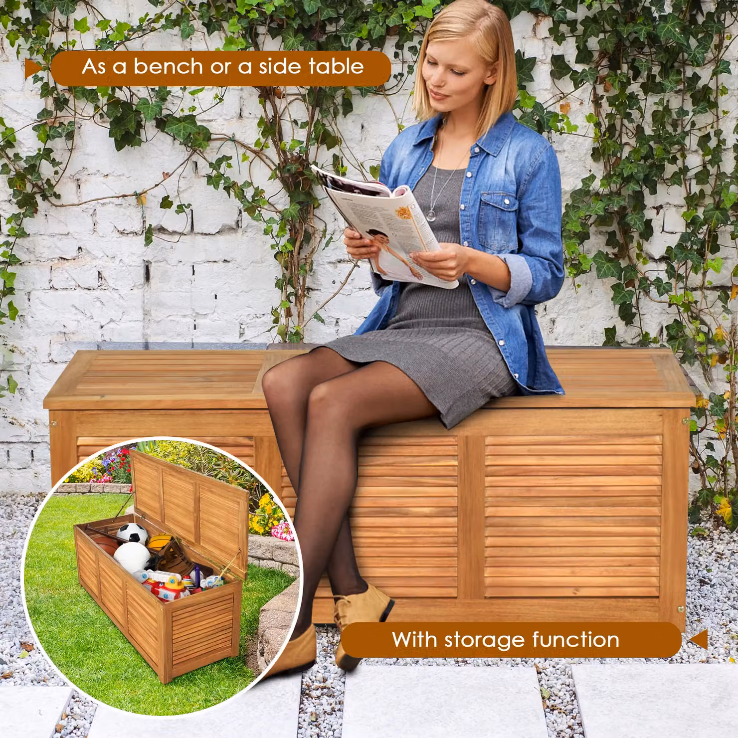 Costway 180 Litre Acacia Wood Garden Storage Bench and Deck Box in Natural Brown – 3