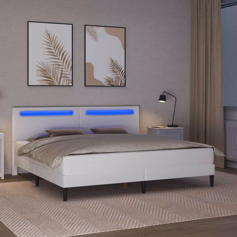 Berkfield Home White Faux Leather Bed Frame with LED Strip Lights and USB Charging Port, W/D/H: 180 x 200 cm – 2