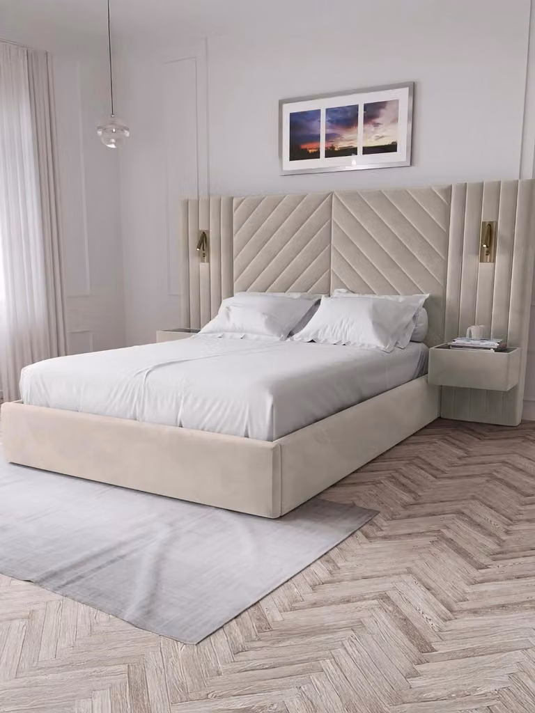 Torrance Upholstered Double Bed in Beige with Side Compartments and Bedside Shelves, W/D/H: 238.5 x 140 x 200 cm