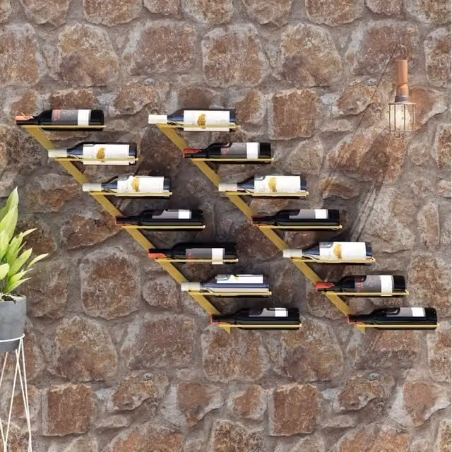 Berkfield Home Wall-mounted Wine Rack, 2-Piece Gold Metal Set for 7 Bottles