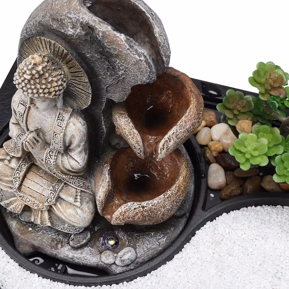 Living and Home Buddha Zen Tabletop Water Fountain in Green and Sand with LED Light – 6