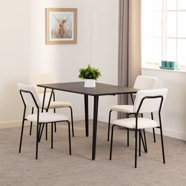 Seconique Marlow and Sheldon Modern Dining Set with Black Marble Effect Rectangular Table and Ivory Boucle Chairs