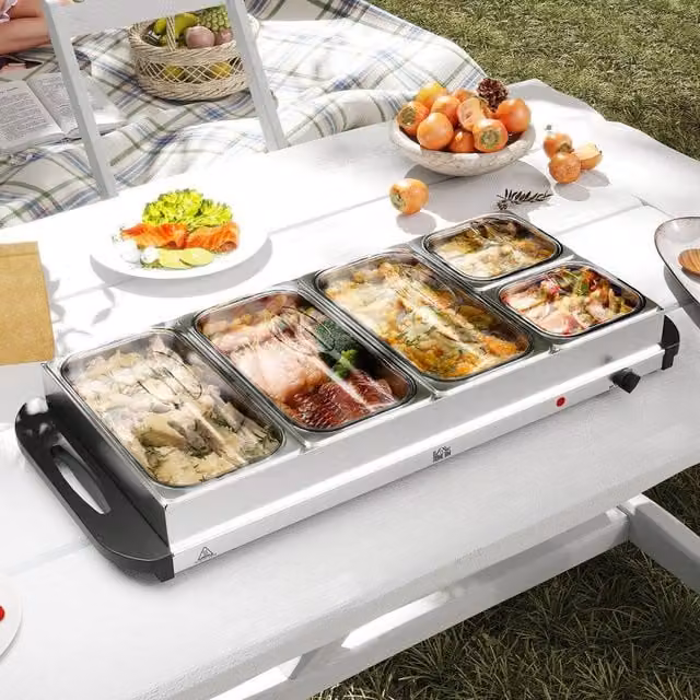 HOMCOM Electric 5 Tray Buffet Server Food Warmer with Lids, 9.2L, Silver – 1