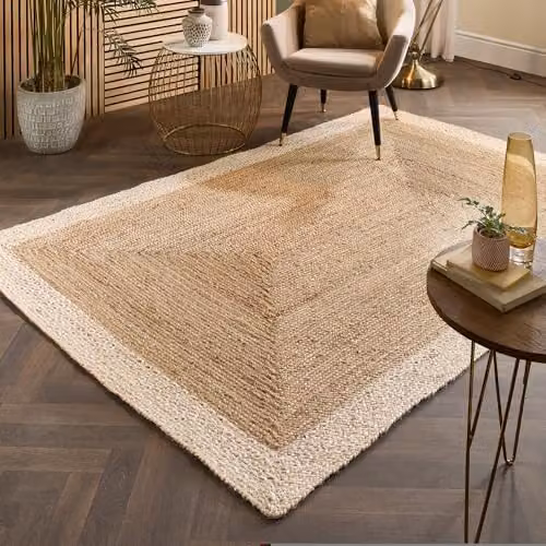 Phoenox Textiles Limited Origins Rectangular Jute Border Rug in White and Beige, W: 80 cm, L: 150 cm – 2