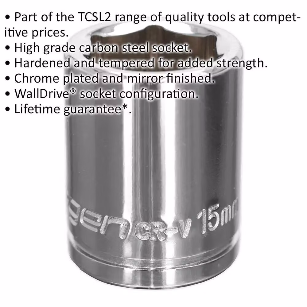 Loops 15mm Chrome Plated 3/8" Square Drive Socket in Silver Carbon Steel – 2