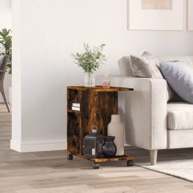 Berkfield Home Side Table with Wheels in Smoked Oak Brown, W/D/H: 50 x 30 x 55 cm – 1