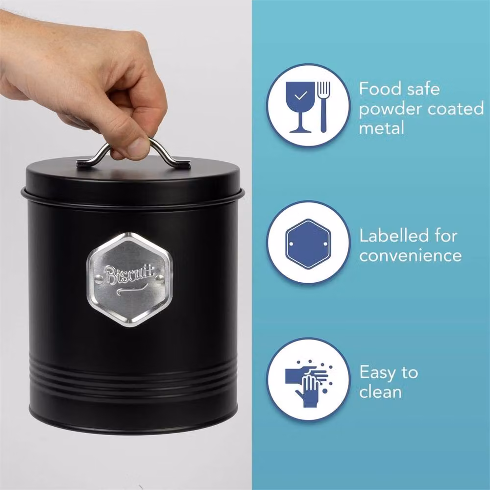 Nordara Black Airtight Metal Kitchen Storage Canister 5-Piece Set, W: 21 cm, D: 21 cm, H: 31 cm – 6
