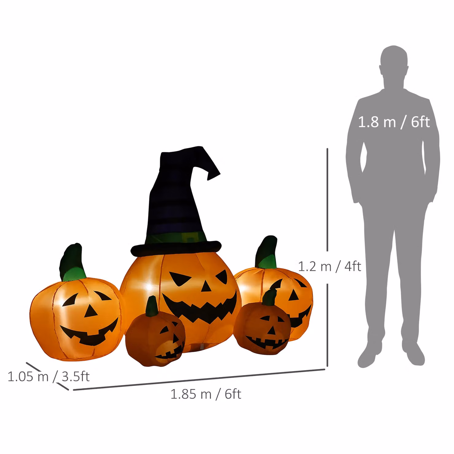 OUTSUNNY Inflatable Halloween Large Pumpkin in Hat with Four Small Pumpkins and LED Lights, Orange – 3