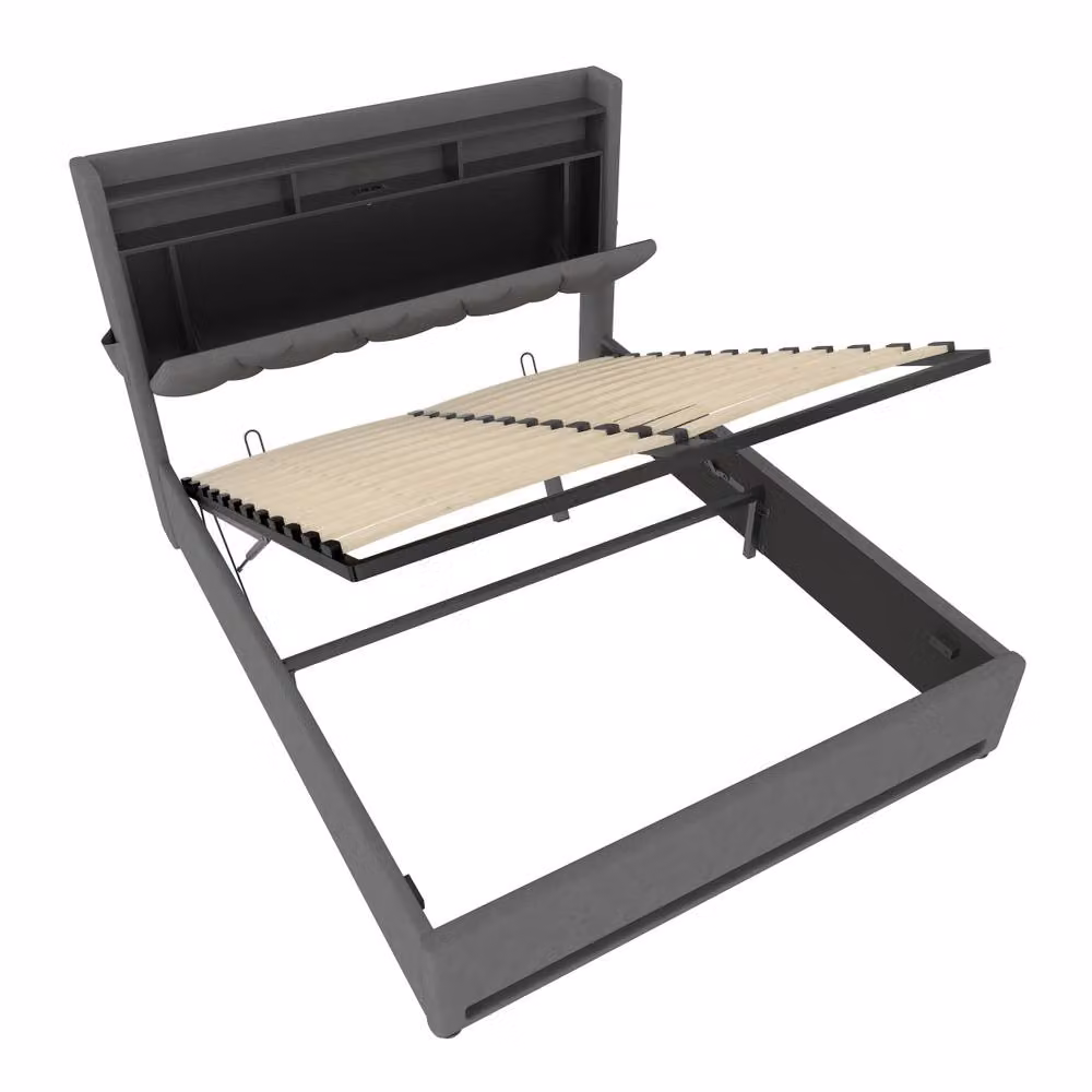 BTM King LED Hydraulic Storage Bed with USB Type-C Charging and Bedside Shelf, Dark Grey, W: 150 cm, L: 200 cm – 9