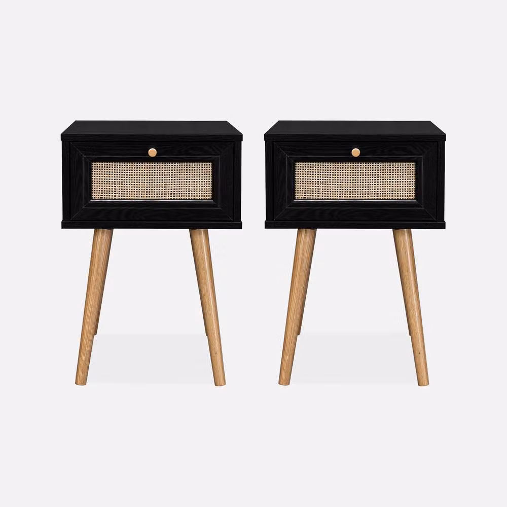 sweeek Pair of Black Woven Rattan Bedside Tables with Drawer – 2