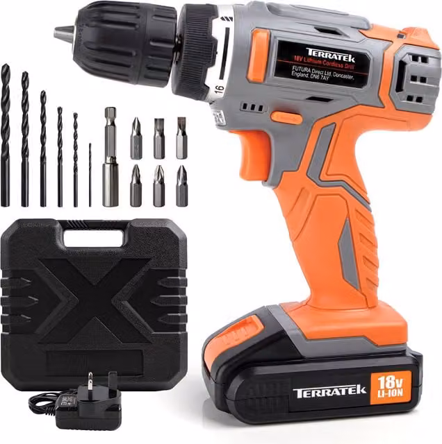 Terratek Cordless Drill Driver Kit with Rechargeable Battery, Grey and Orange, W/D/H: 6.5 x 19 x 21 cm