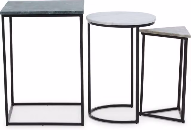 Orsina Set of 3 Marble Top Side Tables with Black Powder Coated Metal Frames in Square, Circle and Triangle Shapes – 1