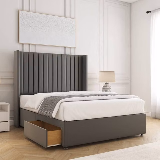 BSSPOKE Manhattan Small Double Divan Bed with 54 inch Plush Headboard, 2 Drawers, Footend and Mattress in Grey Velvet Fabric, W/D/H: 120 x 200 cm