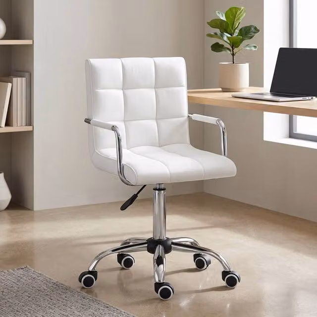 ERGOVEXA White Modern Makeup Vanity Task Chair with Armrests and Castors