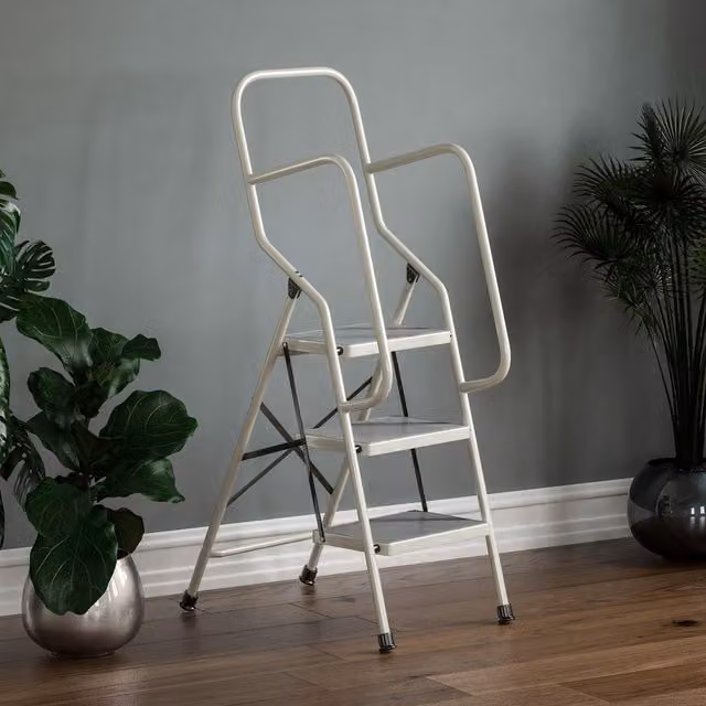 Home Vida 3-Step Heavy Duty Steel Folding Ladder with Safety Rails in White