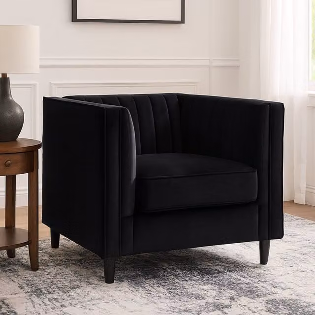 Interiors by Premier Art Deco Black Velvet Armchair with Upholstered Wood Frame