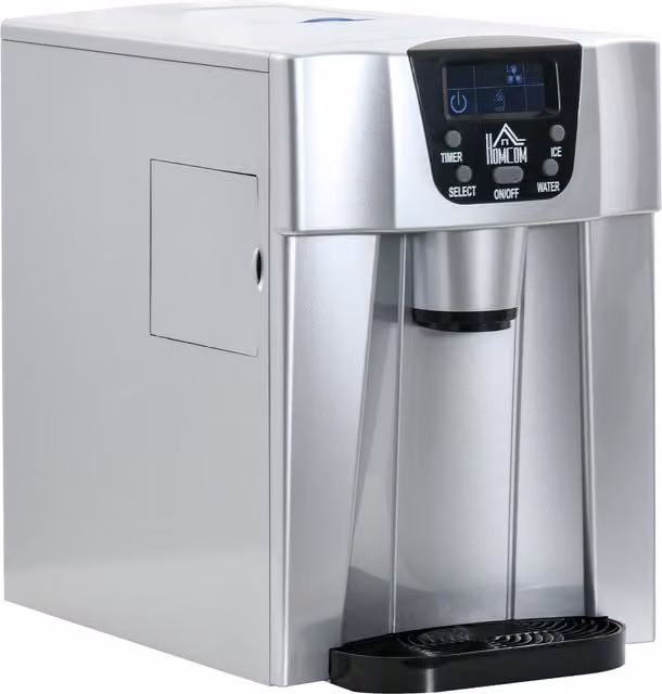 HOMCOM Ice Maker Machine and Water Dispenser with 3L Tank, Stainless Steel Countertop Ice Cube Maker with Digital Display and Adjustable Cube Size, Produces 12kg in 24 Hours