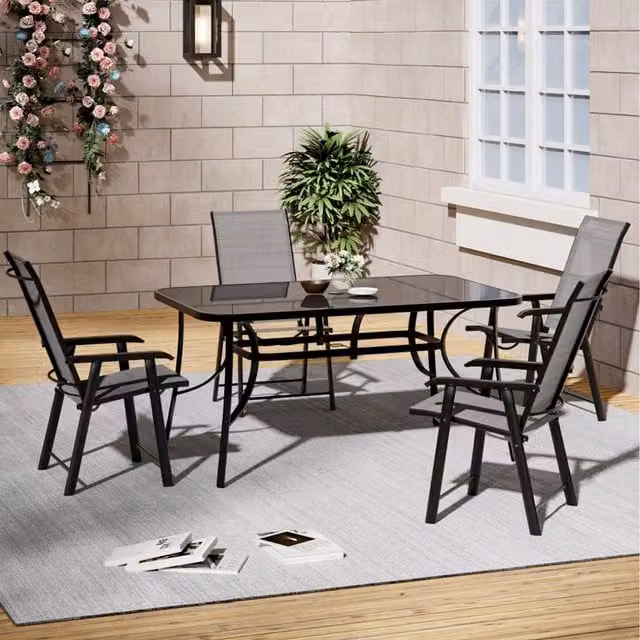 Livingandhome Modern Outdoor Bistro Set with Rectangular Glass Table and 4 Folding Chairs in Black