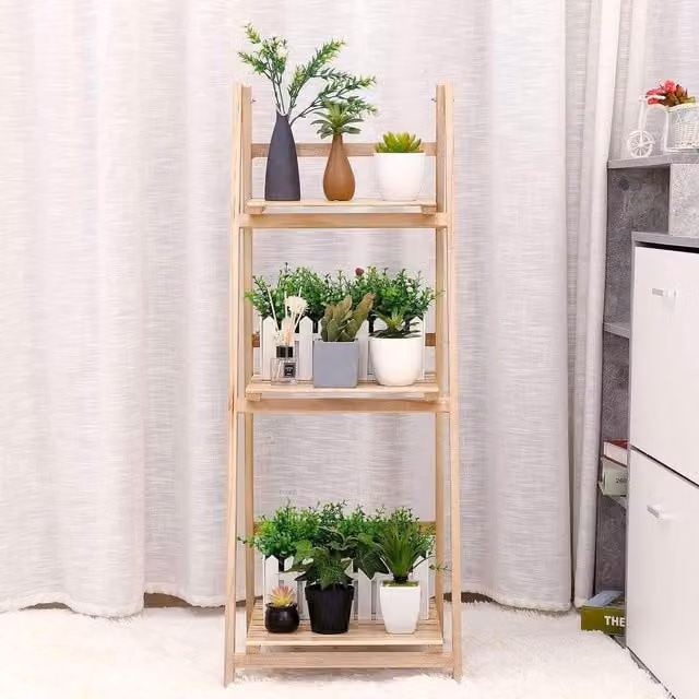 Livingandhome Wooden Folding Ladder Plant Stand Storage Shelf, Brown, Height: 107 cm