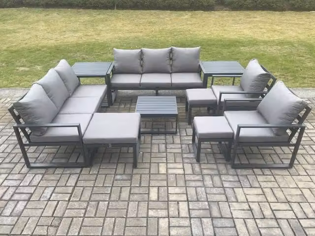 Fimous Aluminium Outdoor Garden Furniture Set in Dark Grey with Lounge Sofa, Coffee Table, Side Tables, Armchairs and Footstools