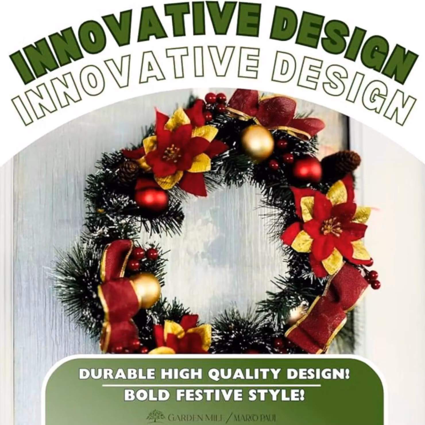 Marco Paul Christmas Artificial Poinsettia Wreath Decoration in Red, Green and Gold, Diameter: 40 cm – 4