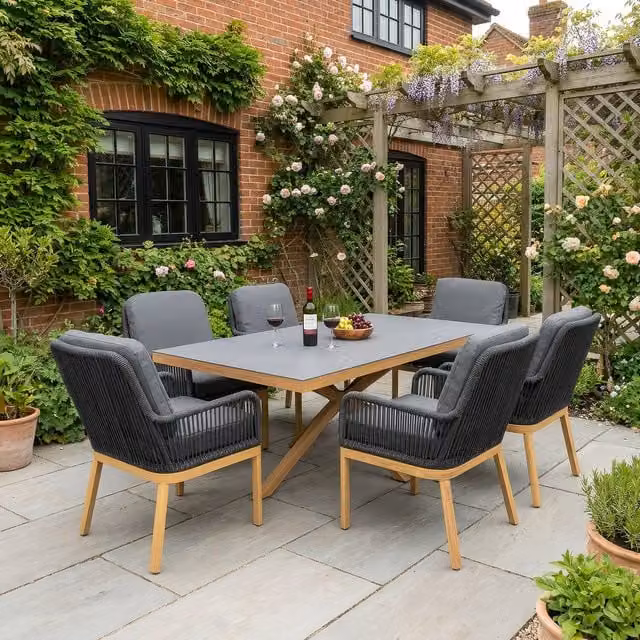 Bracken Outdoors Santiago 6 Seater Garden Dining Set, Matt Black Powder Coated Aluminium and Glass