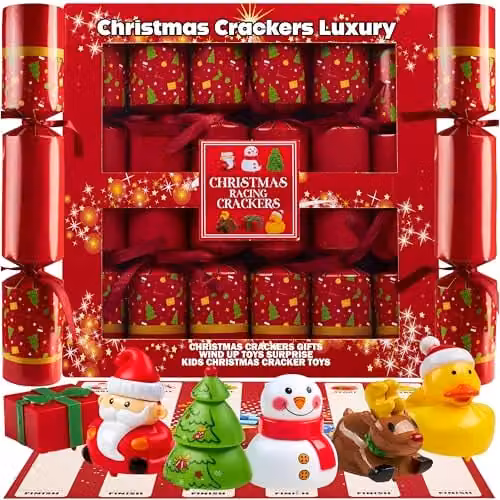 KreativeKraft Luxury Pop Christmas Crackers, Pack of 6 Multicolour Paper Crackers with Racing Toys – 1