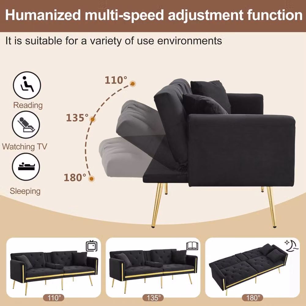 Merax Black Velvet Sofa Bed with Gold Trim and Fold-Down Cup Holders, W/D/H: 174 x 76 x 71.5 cm – 3