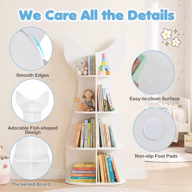 Costway Fish-Shaped Freestanding Kids Bookshelf in White