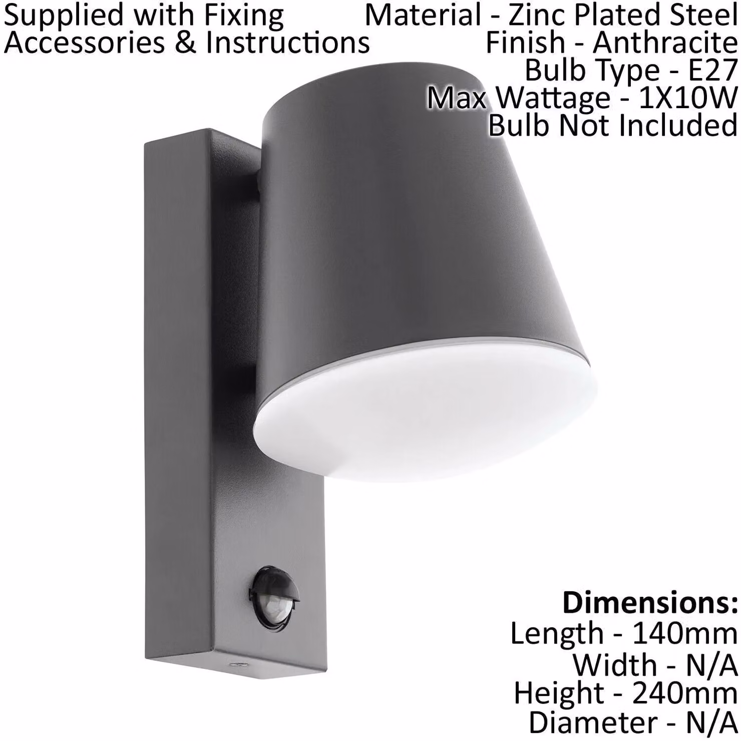 Loops Anthracite Steel IP44 Outdoor Wall Light with PIR Motion Sensor and E27 Bulb Replacement Capability – 2