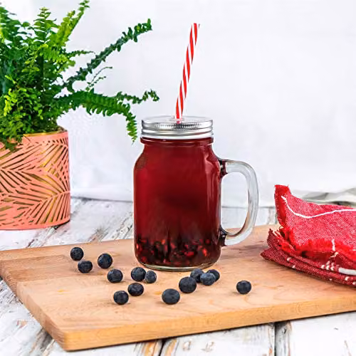 Rink Drink Pack of 4 Transparent Glass Mason Jar Tumblers with Lids and Reusable Straws, 620ml