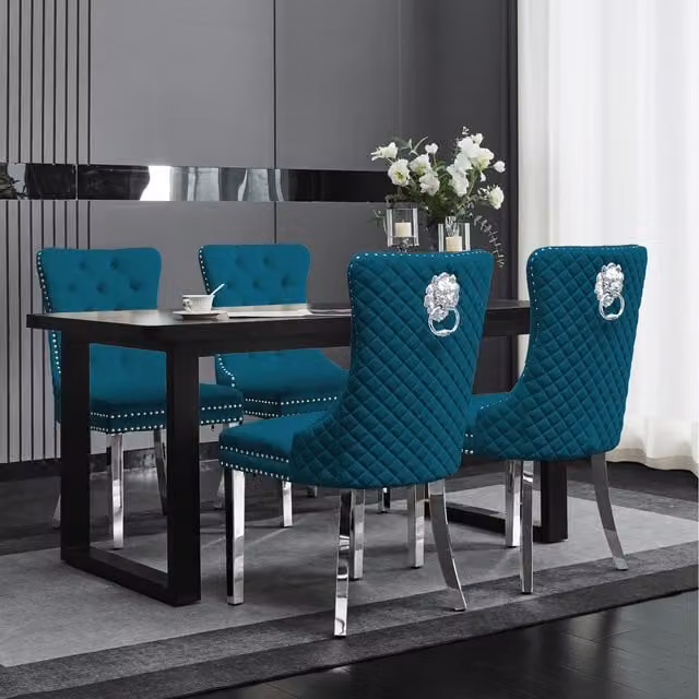 Set of 2 Groundlevel Plush Velvet Dining Chairs with Lion Head Knocker in Petrol Blue