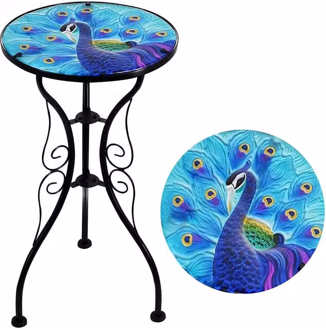GEEZY Round Mosaic Garden Table with Blue Peacock Design and Glass Top in Blue and Multicolour