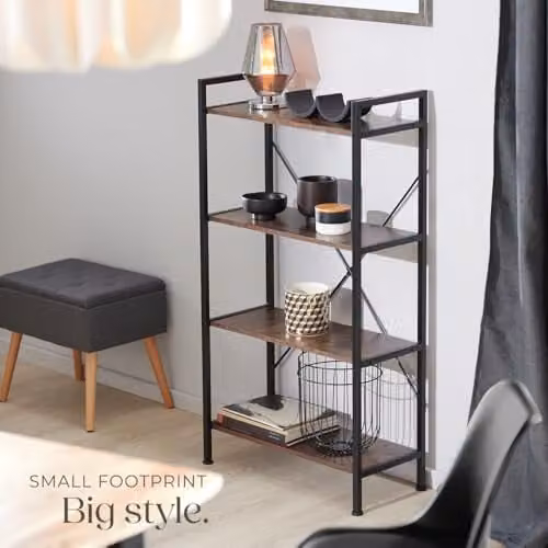 tectake 4-Tier Shelving Unit with Adjustable Wood-Look Shelves and Steel Frame in Dark Wood and Black, W/D/H: 121.5 x 15.0 x 67.5 cm – 2