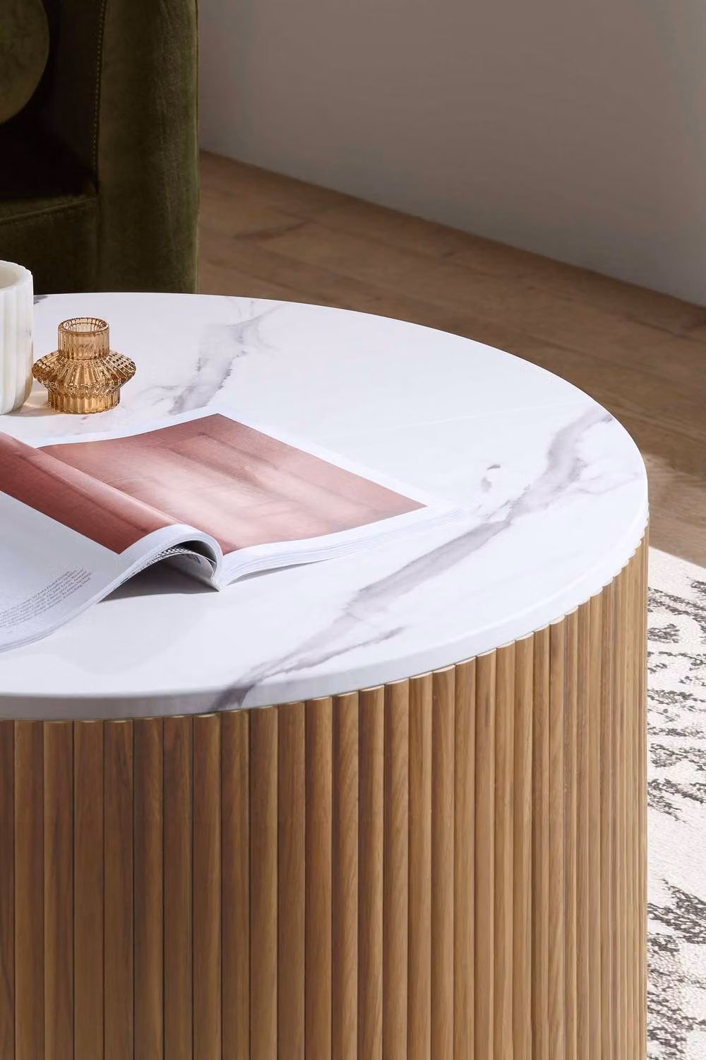 Birlea Kagu Round Coffee Table with Fluted Ribbed Light Oak and Marble Effect Finish – 5