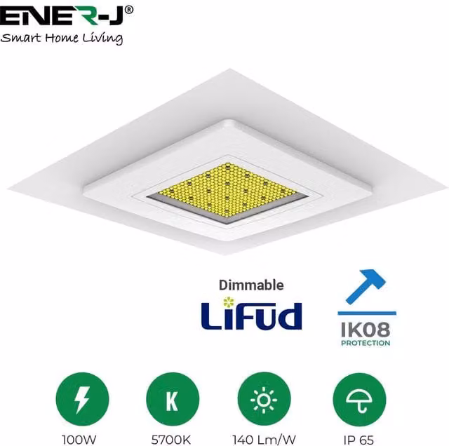 ENER-J 100W Dimmable Square Canopy Light in White, IP65 & IK08, W/D/H: 32.5 x 32.5 x 32.5 cm – 1