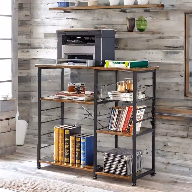 Rafaelo Mobilia Industrial Kitchen Baker's Rack with Storage Shelves and Hooks in Brown