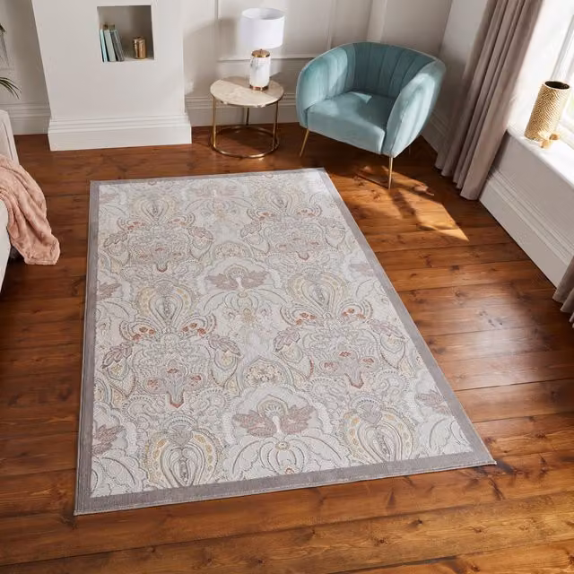 Laurence Llewelyn-Bowen Damask Rectangular Polyester Rug in Pearl, Grey and Multicolour
