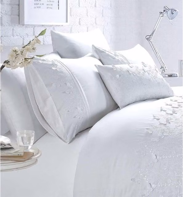 Rapport Papillon Floral Butterfly Embroidered Duvet Cover Bedding Set, White, 200 x 200 cm