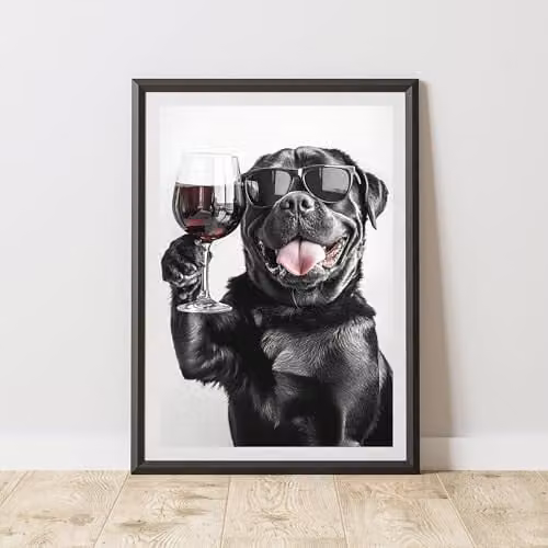 60 Second Makeover Funny Rottweiler Drinking Wine Paper Poster, Black and White, A4