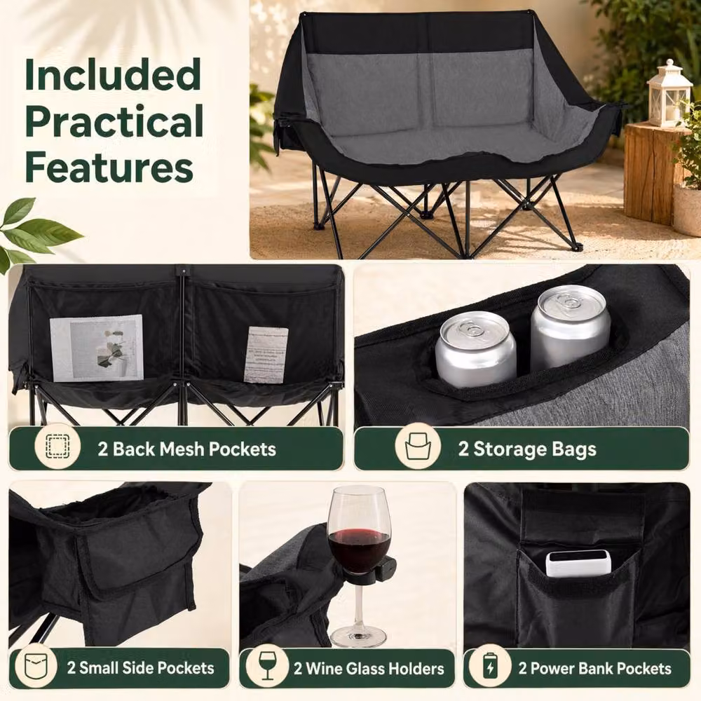 Costway Heated Double Camping Chair Oversized Padded Loveseat in Black – 7