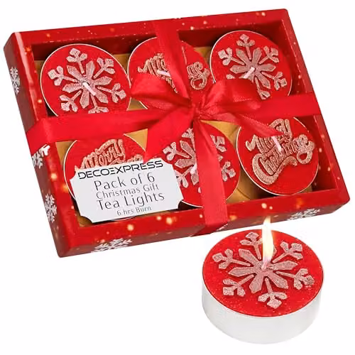 Deco Express Unscented Christmas Tealight Candle Set, Red, 6 Pack with 6 Hours Burning Time