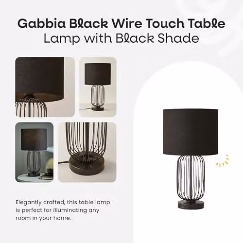 ValueLights Gabbia Black Metal Dimmable Touch Table Lamp with Fabric Drum Lampshade – 6