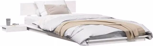 Berkfield Home White Solid Wood Floor Bed Frame with Bedside Shelves, W/D/H: 90 x 200 x 41.5 cm