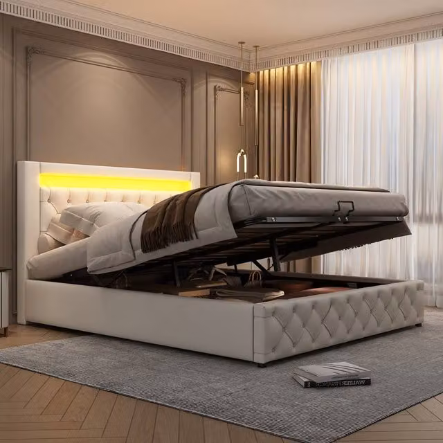BTM White PU Upholstered Bed with LED Lighting and Lift-Up Storage, W/D/H: 150 x 200 x 207 cm