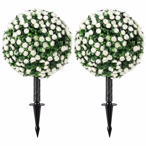 HOMCOM Set of 2 White Artificial Rose Topiary Trees, UV-Resistant, Height: 55 cm, Width: 30 cm, Depth: 30 cm – 1