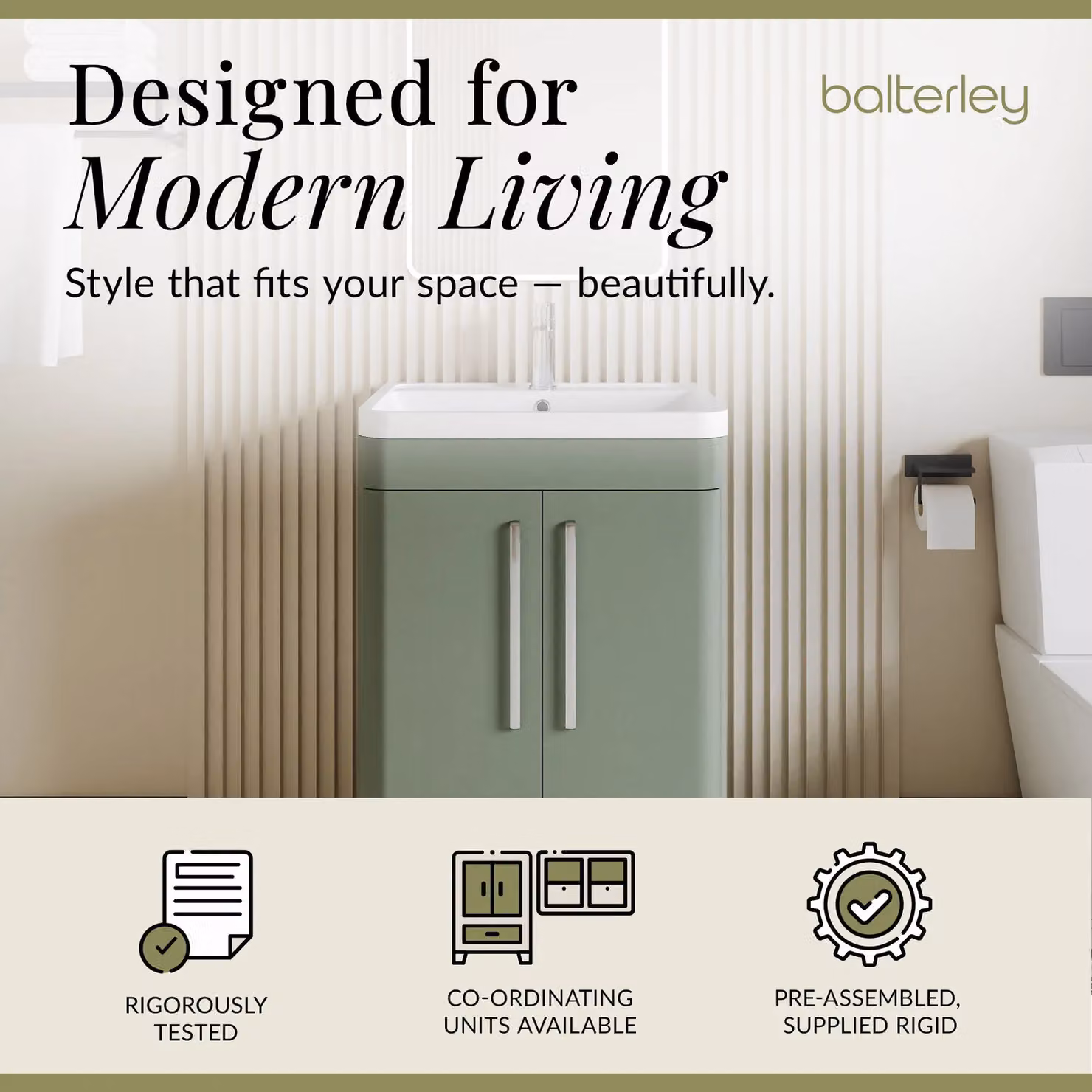 Balterley Contemporary Green 2 Door Floor Standing Bathroom Vanity Unit with Soft Close Doors and Internal Drawers, W: 60 cm, H: 84 cm – 2