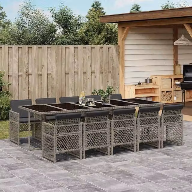 Berkfield Home 11 Piece Grey Poly Rattan Garden Dining Set with Cushions and Glass Table